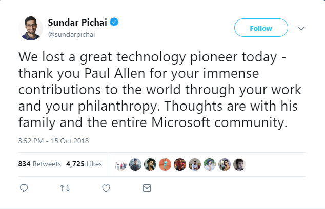 Sunder Pichai tweet on Paul Allen