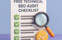 3D illustration of a Free Technical SEO Audit Checklist with green checkmarks, a magnifying glass, and a graph icon