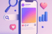 3D illustration of a smartphone displaying an Instagram-style post, surrounded by visual elements like a magnifying glass, search bar, and engagement icons, representing Instagram SEO.