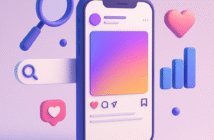 3D illustration of a smartphone displaying an Instagram-style post, surrounded by visual elements like a magnifying glass, search bar, and engagement icons, representing Instagram SEO.