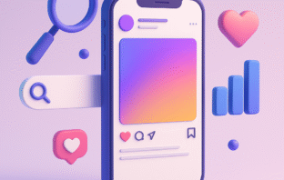 How to Optimize Your Posts for Google Search 3D illustration of a smartphone displaying an Instagram-style post, surrounded by visual elements like a magnifying glass, search bar, and engagement icons, representing Instagram SEO.