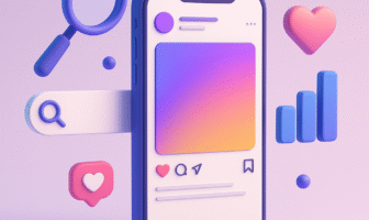 3D illustration of a smartphone displaying an Instagram-style post, surrounded by visual elements like a magnifying glass, search bar, and engagement icons, representing Instagram SEO.