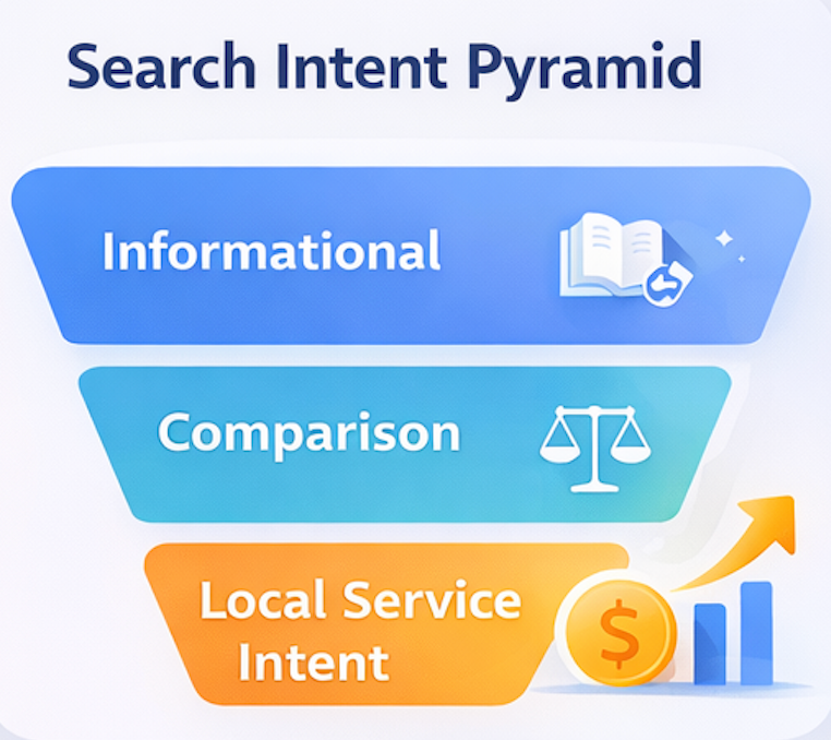 Search intent pyramid showing local service intent keywords
